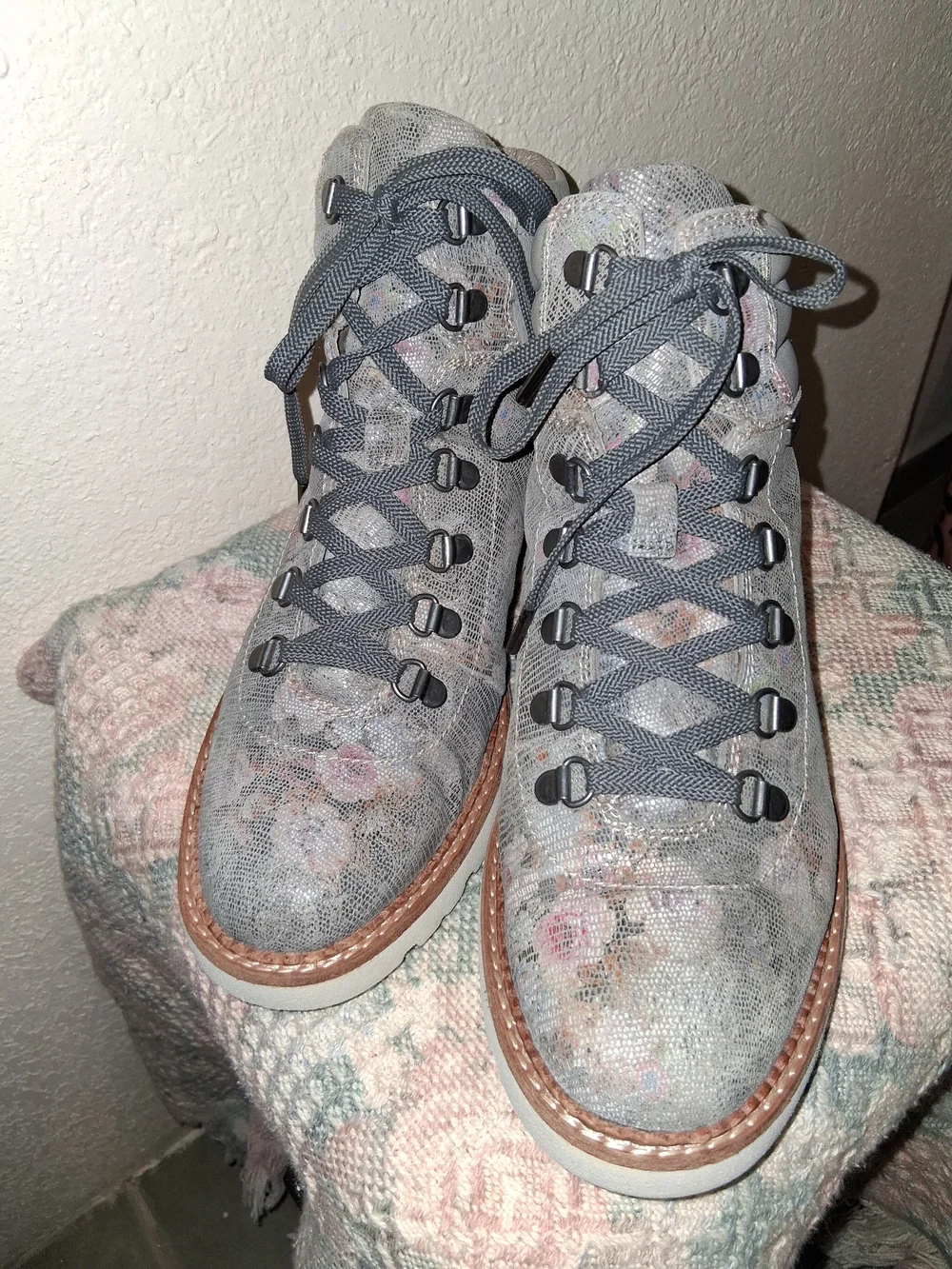 Bionica Grey Floral Lace-Up Ankle Boots